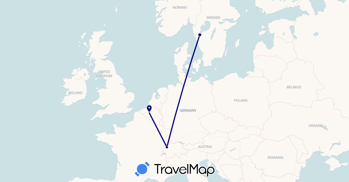 TravelMap itinerary: driving in Belgium, Switzerland, Sweden (Europe)
